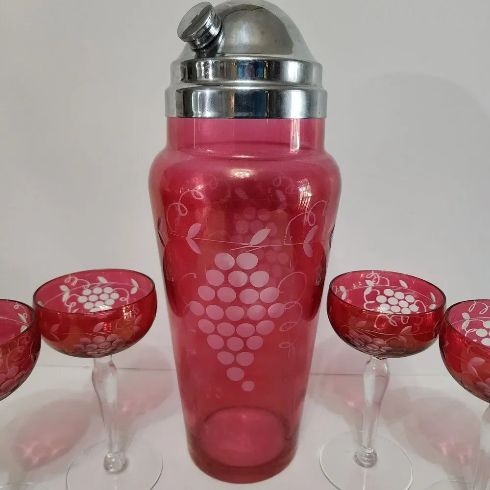 Vtg 1960s West Virginia Glass Cranberry Cocktail Shaker Set 6 Stemmed Glasses